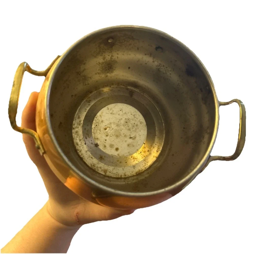 Vintage Copper Potpourri Pot w/ Lid Brass Handles Footed Bowl Container Used